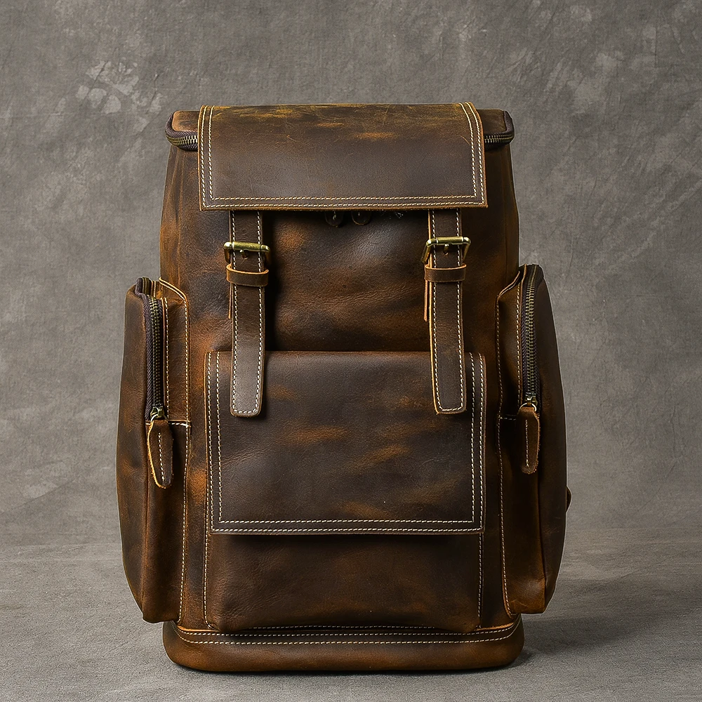 Retro Genuine Leather Men\'s Backpack Large Capacity Laptop Bag School Backpack Male Shoulder Bags Brown Leather Travel Backpacks