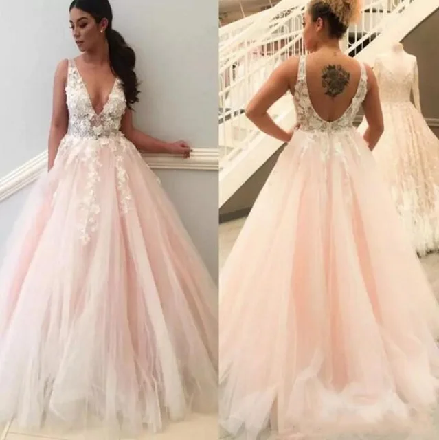 

Pink Vestido De Noiva 2020 V Neck Tulle Backless Wedding Dresses Lace Appliques Bridal Gowns Sweep Train Sleeveless