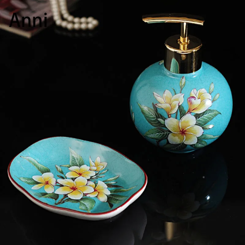 Flower Painting Decorative Bathroom Accessories Set Chinese  Creativity Ceramic Soap Dispenser Soap Dish Home Shower Toiletries