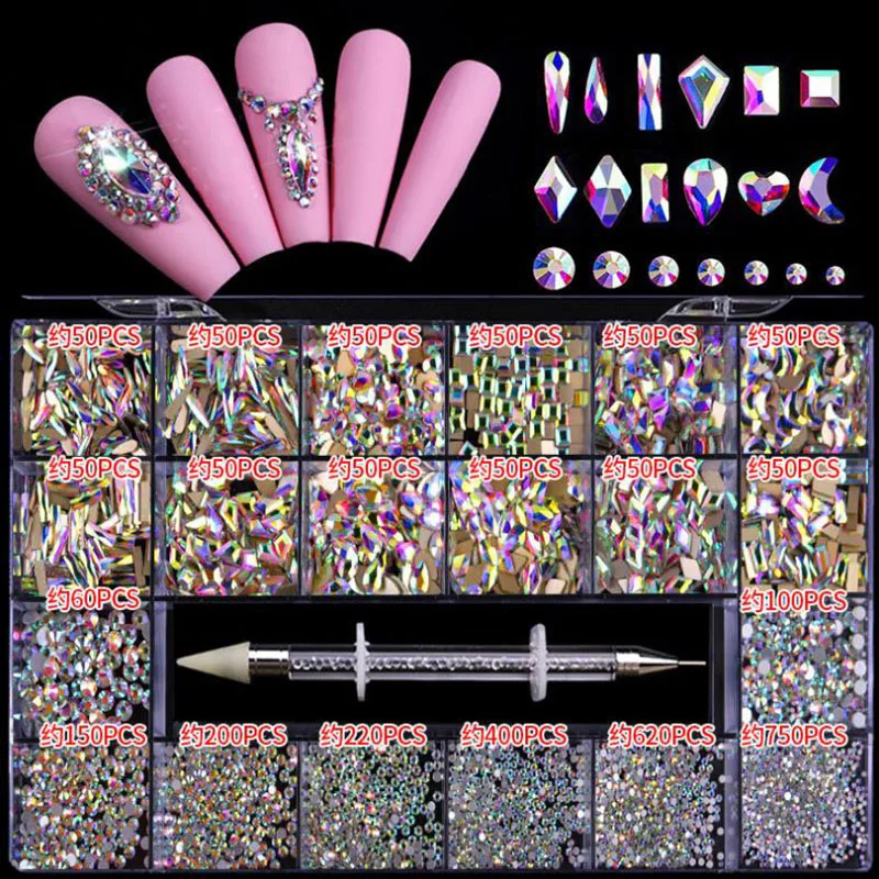 Swarovs Crystal AB 3D Flatback Glass Nail Art Rhinestones Fancy Shaped Crystals Stones for DIY Nails Art Decorations