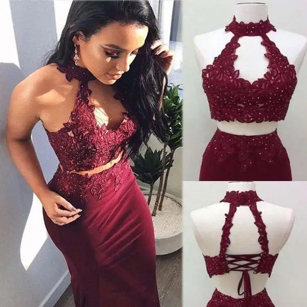 

AngelsbridepTwo Piece Halter Mermaid Long Burgundy Prom Dresses With Appliques Beaded Sexy Vestidos De Fiesta Robes De Soirée