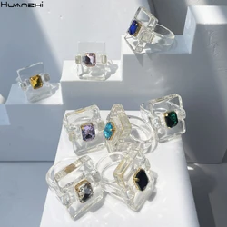 New Summer Colorful Transparent Resin Acrylic Geometric Square Rhinestone Rings HUANZHI 2021 for Women Girls Fashion Jewelry