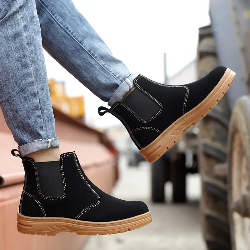 men fashion steel toe cap working safety boots soft leather security shoes worker safe chelsea boot platform botas seguridad man