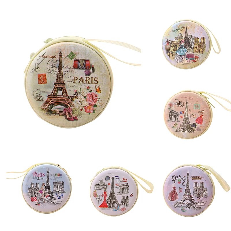 Mini Pouch Bag Round Headset Paris Eiffel Zipper Coin Purse Key Wallet