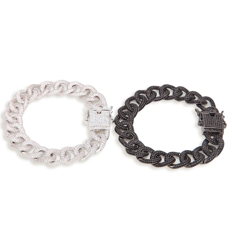 Hip Hop Black CZ Stone Bling Iced Out Cuban Miami Link Chain Bracelet for Men Rapper Jewlery