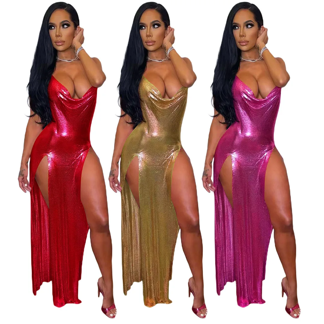 Elegant Glitter Long Dress Women Sexy Halter V Neck Backless High Slit Evening Club Party Slim Dresses Christmas Festival Robe