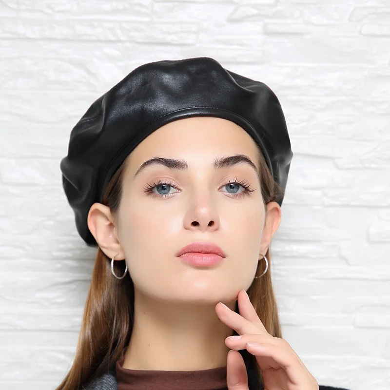 Europe/America Fashion Genuine Leather Beret Caps Women Female Retro Black 54-59 cm Fitted Painter Hat Mujer Streetwear Beanie