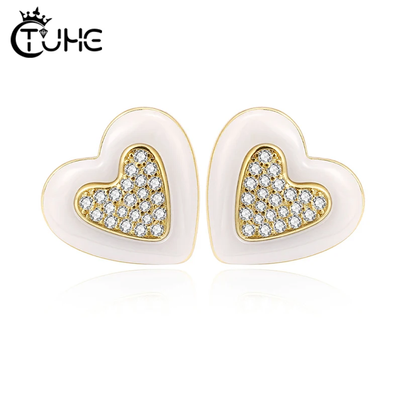 Fashion Earrings 2020 Women\'s Earrings Heart White Real Natural Ceramic Earrings Stud Earrings Wedding Engagement Accessories
