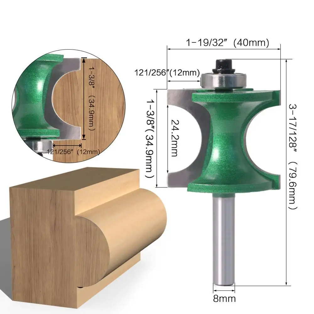 Mèches de toupie en bois à 2 cannelures, tige Bullnose, demi-rond, outil de travail de calcul de roulement, fraise, 8mm, 1 pièce