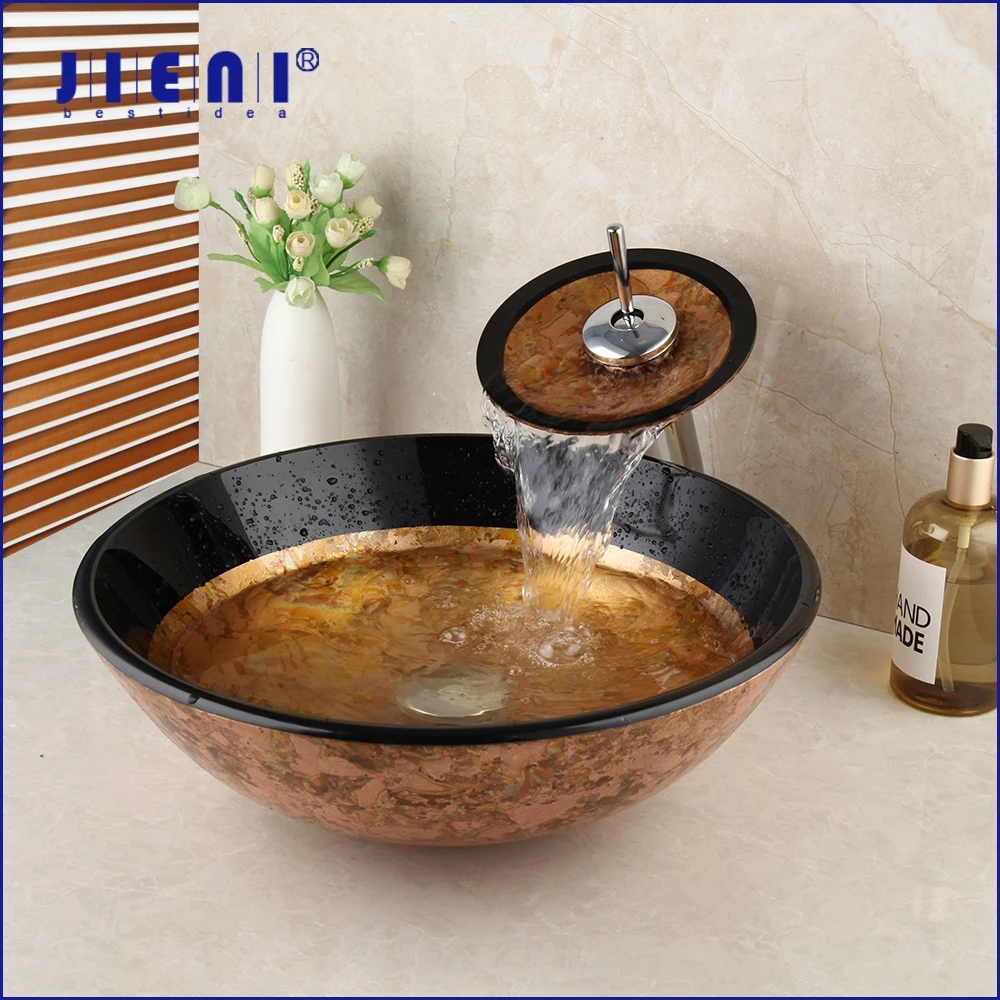 Jieni Bancada Bacia Pias de Vidro Banheiro Victory Navio Lavatório Pia de Vidro Temperado com Chrome Cachoeira Torneira Set