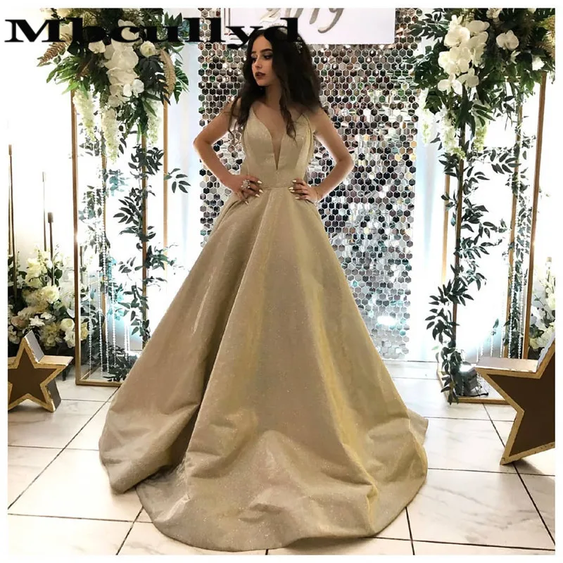 

Mbcullyd Gold Sequined Prom Dresses Long 2023 Glitter V-neck Evening Dress For Women With Big Bow Vestido De Festa Customize