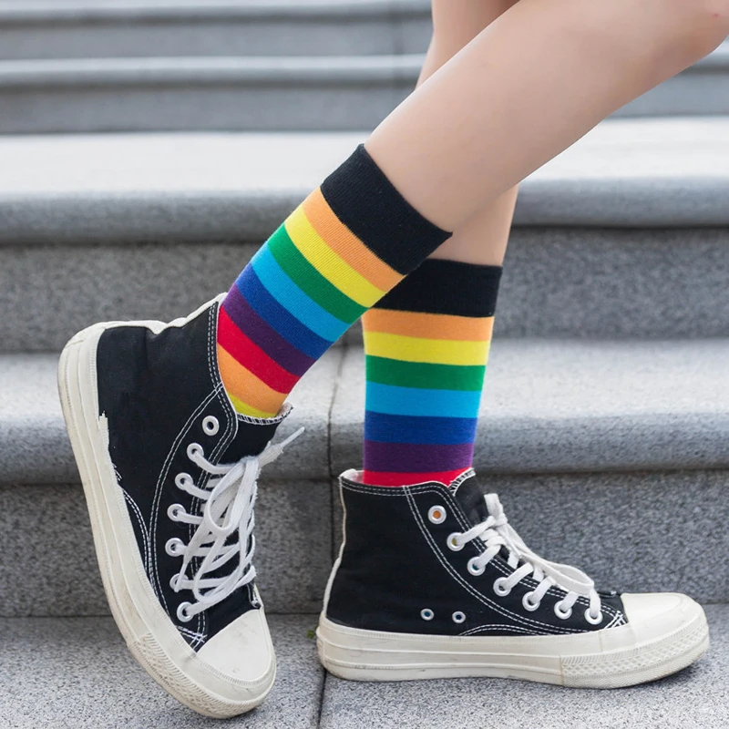 Qisin 1Pairs Cute Cotton Elasticity Sweat Women Long Sock Candy Colors Rainbow Striped Sporty Meias Retro Harajuku Casual Socks