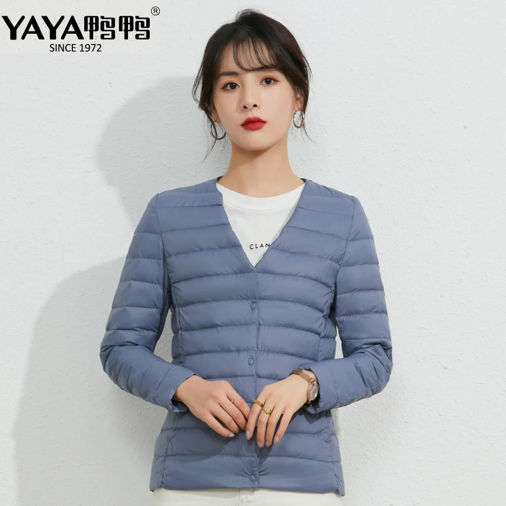 YAYA-Chaqueta de plumón de pato para mujer, abrigo ligero y fino, corto con cuello en O y en V, Color sólido cálido, Primavera, 2023