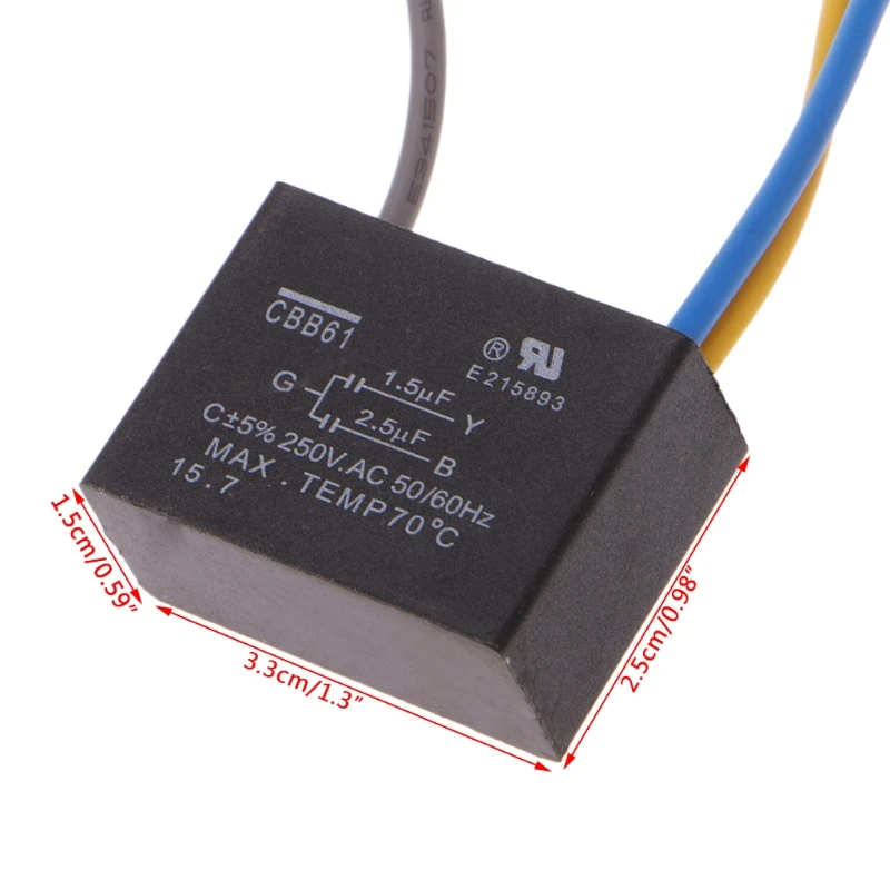  Black CBB61 1.5uF+2.5uF 3 Wires AC 250V 50/60Hz Capacitor For Ceiling Fan