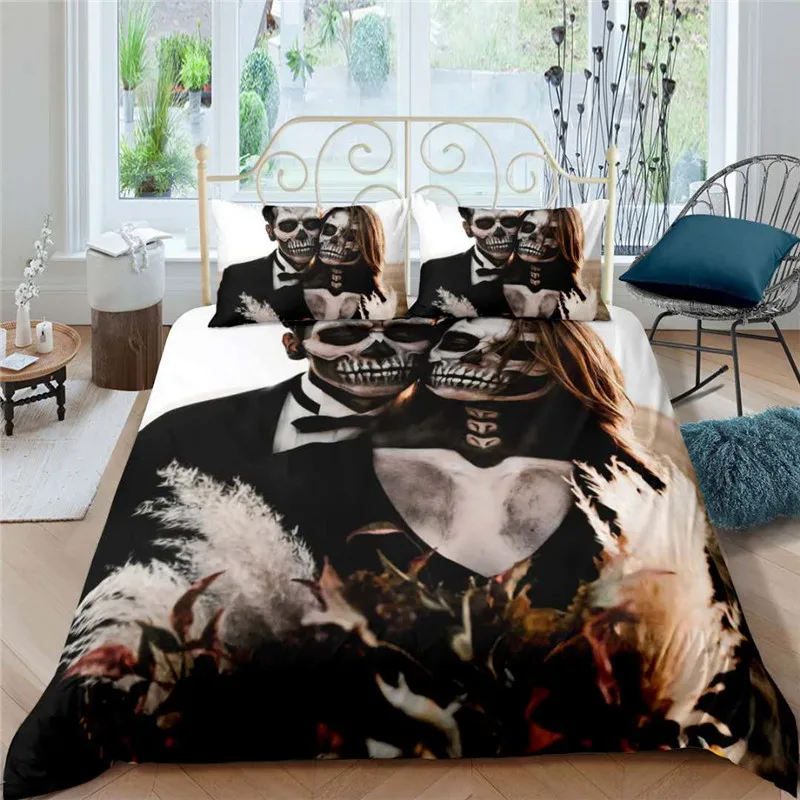 

Wedding skull bedding set queen size candy skull duvet cover set king size bed linen comforter sets bedclothes 3pcs bed set