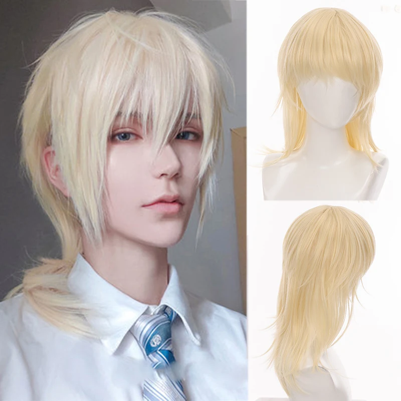 AILIADE Short Curly Cosplay Men Boy Party Light Yellow Synthetic Heat Resistant Hair Wigs Men\'s Breathable Wig