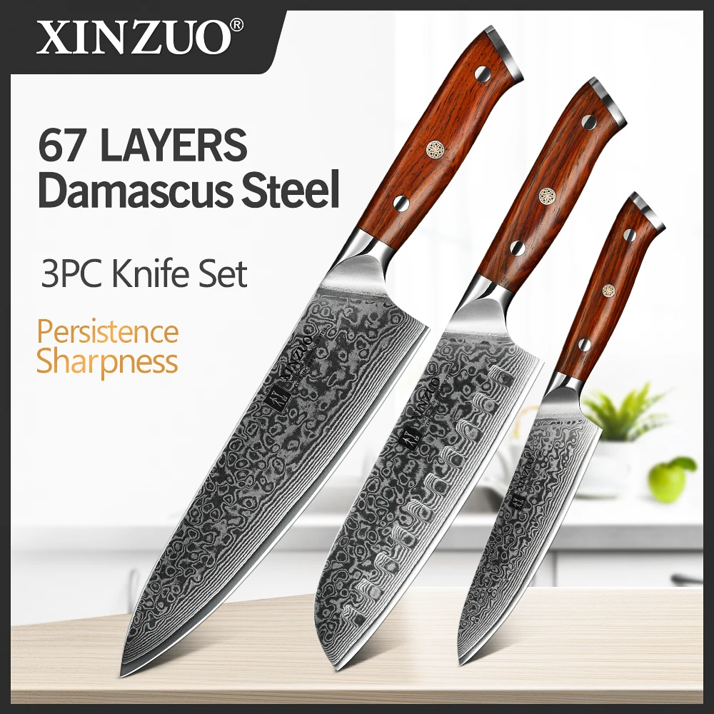 

XINZUO 3PCS Kitchen Knife Set Damascus Steel Professional Santoku Utility Chef's Knives Rosewood Handle Stainless Steel Cutlery