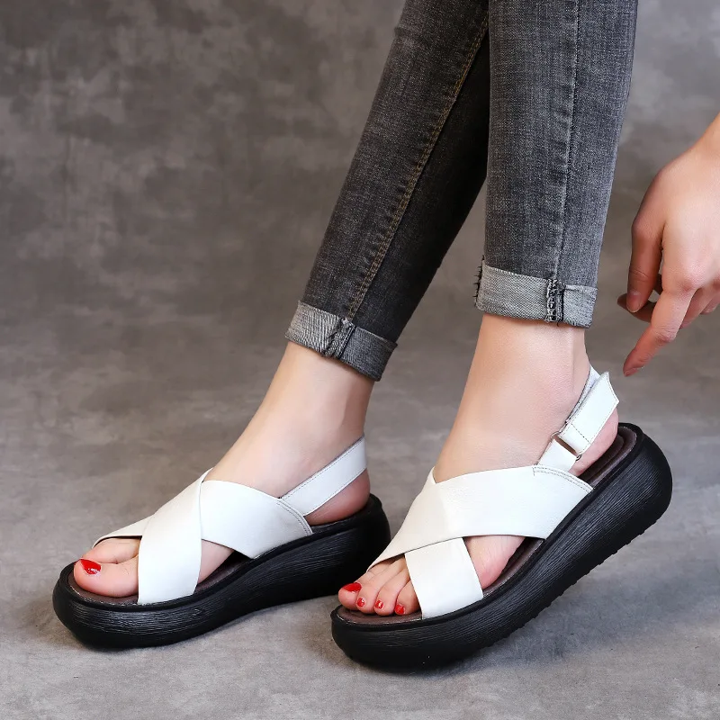 XT 2022 New Top Cowhide Breathable Leather Sandals Women Shoes Sandals Light Thick Bottom Wedges Sandals Summer Fashion Sandals