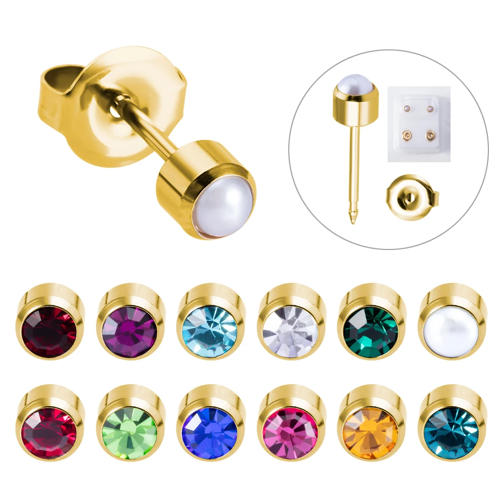 Orecchini a bottone in acciaio placcato oro 2 pezzi per pistola Piercing all\'orecchio Birthstone CZ orecchini a bottone orecchini a bottone trago