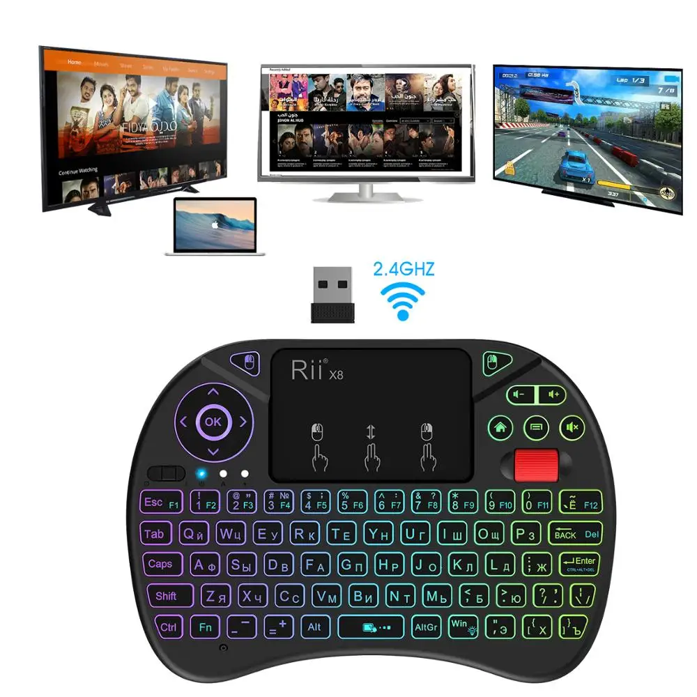 Rii X8 Backlit Mini Wireless Keyboard English Russian Portuguese 2.4G Air Mouse Remote Touchpad for Android TV Box PC