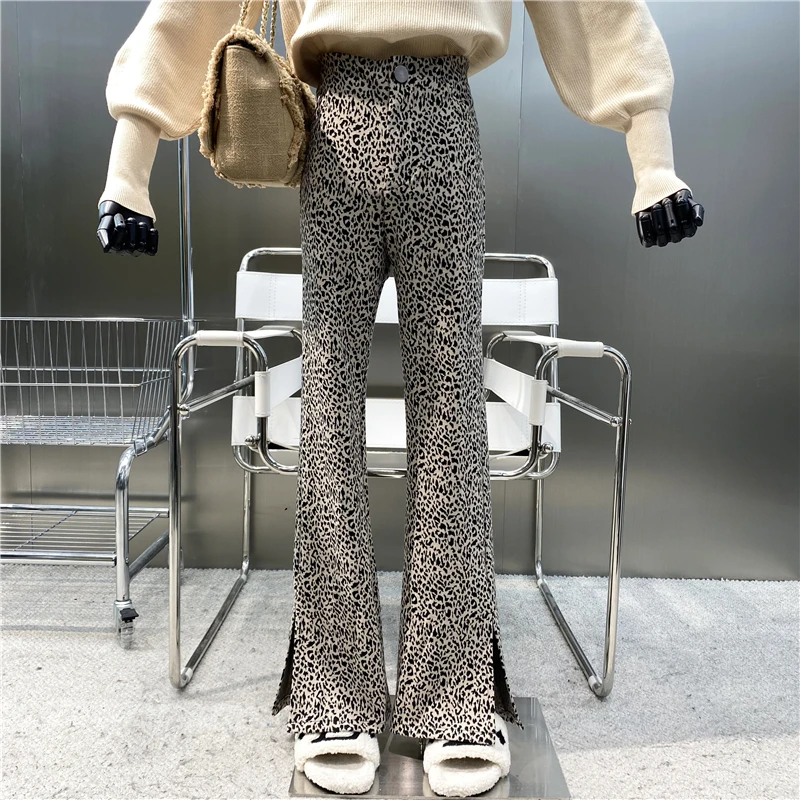 New 2021 Retro Leopard Print Elastic High Waist Slim Pants With Side Slits Show Thin And Versatile Wide Leg Casual Trousers