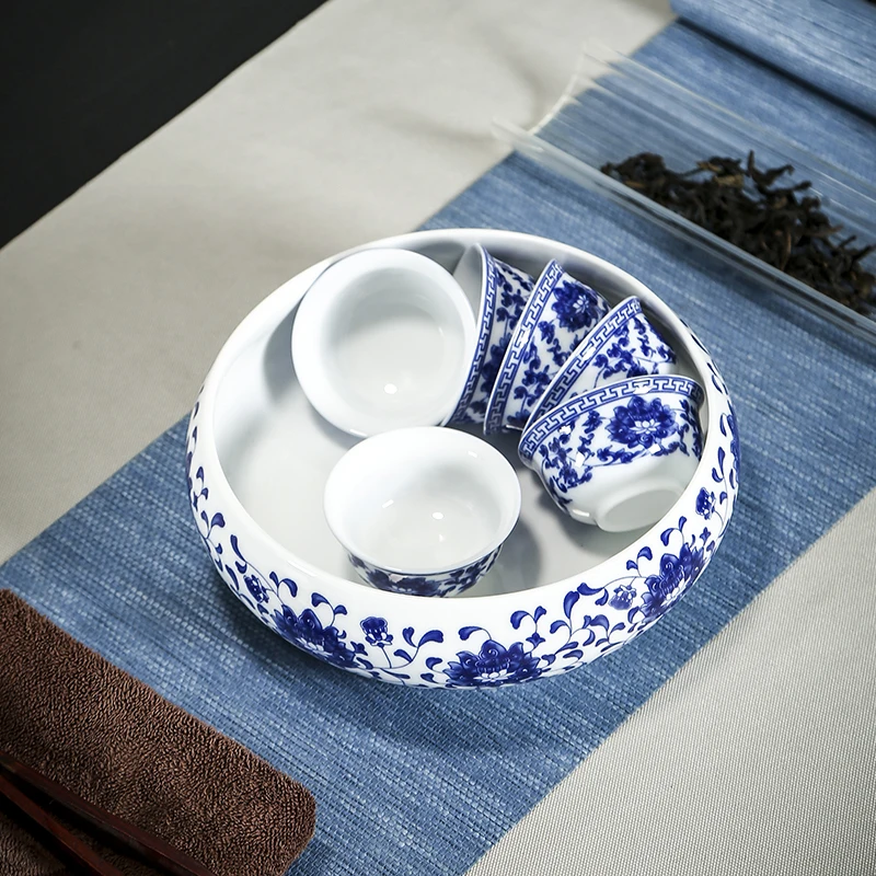 Tea washing jar, blue and white porcelain, ceramic basin, tea bowl, retro style Kung Fu tea set, tea ceremony accessories