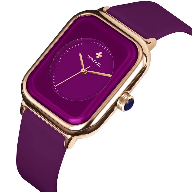 WWOOR Luxury Brand Watches For Women Fashion Square Purple Ladies Quartz Wristwatch Waterproof Silicone Band Relogio Feminino