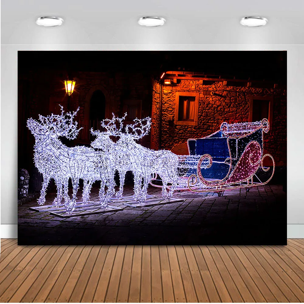 Deer Background Cloth Sleigh Street Photo Night Banner Backdrops Christmas Photography Winter Navidad Children Adult Kids Studio