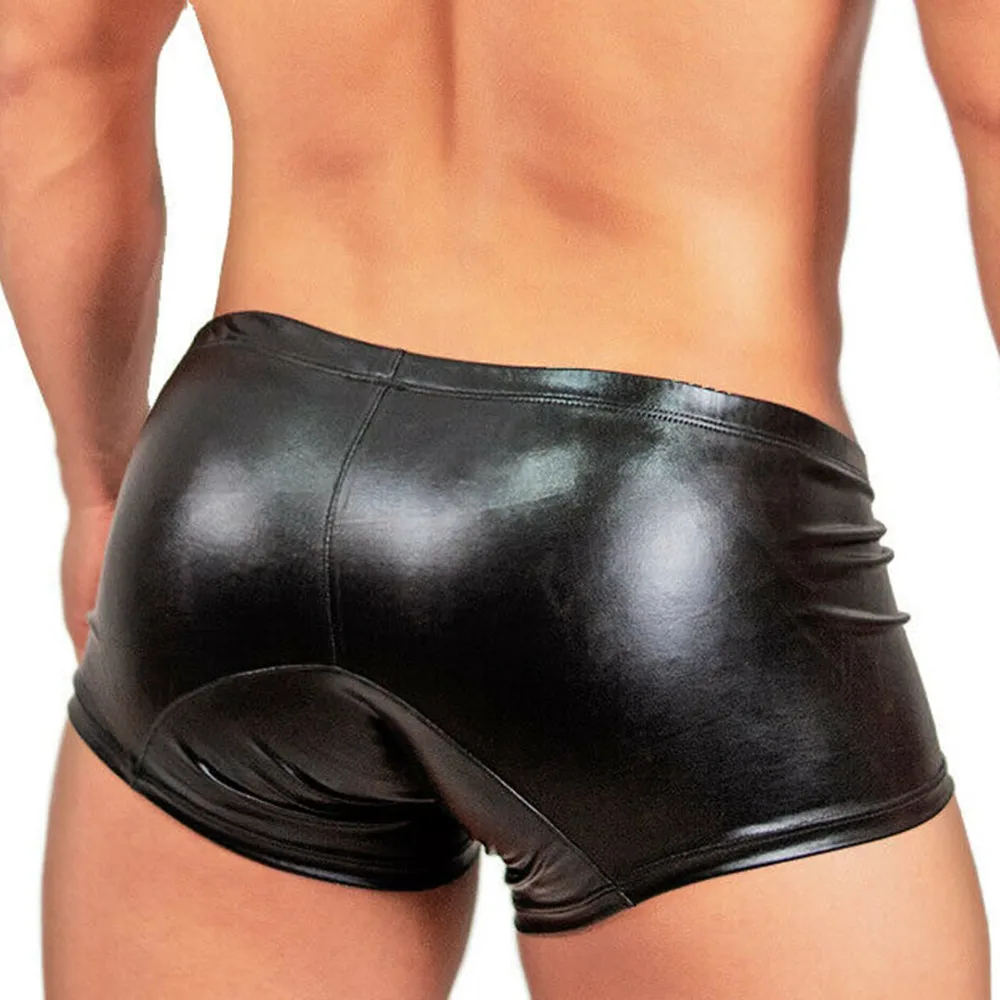 Sexy Gay Men Underwear Briefs Trunk Metal  Tight Bandage Leather Underpant Clubwear Males Lingerie Panties Шорты