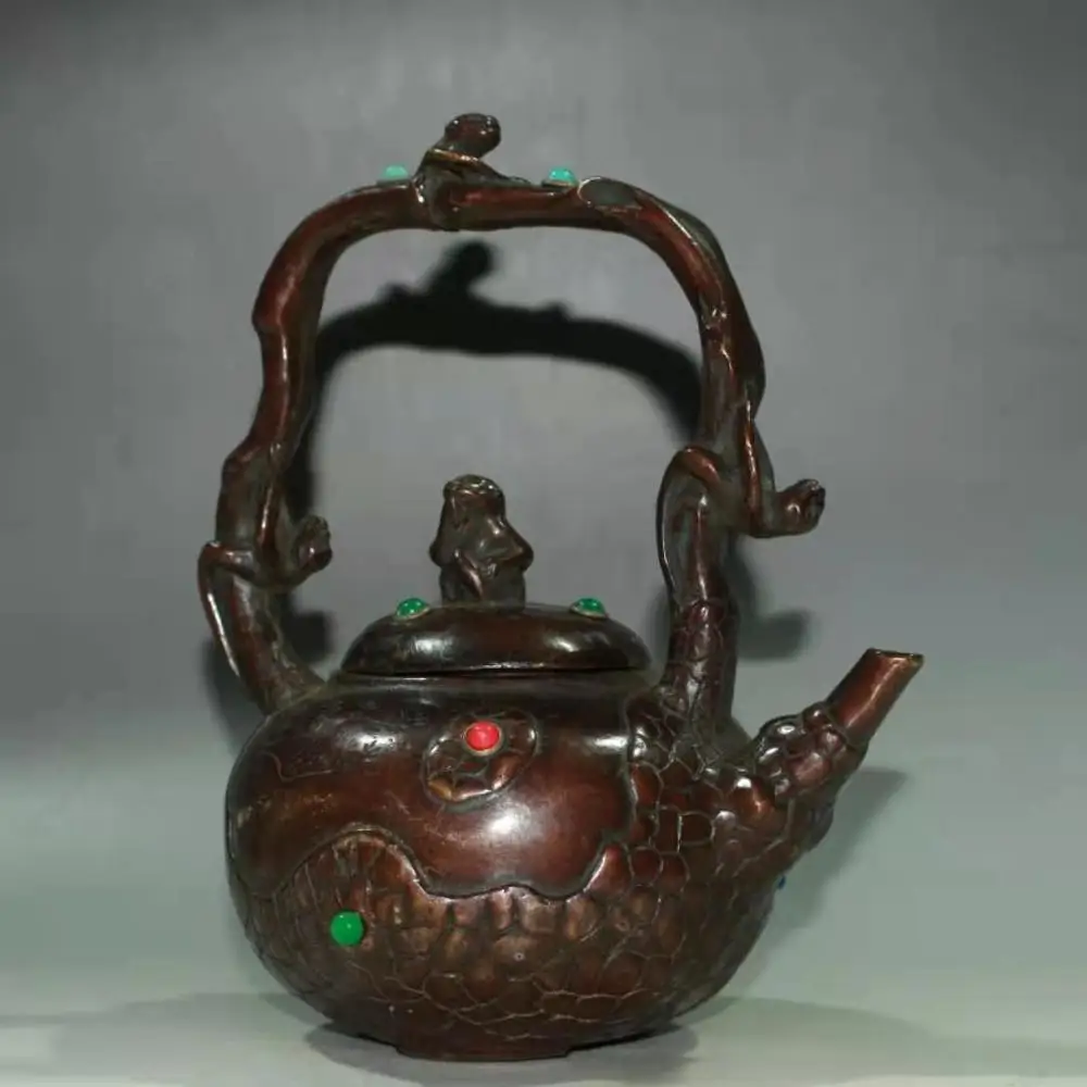 Antique QingDynasty Handmade purple copper with gems teapot ,Monkey type,Hand-carved crafts,best collection& adornment