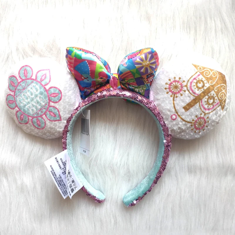 Disney Small World Mickey Mouse Headband Disneyland Minnie Ears HELLO/GOOD BYE Sequins Headwear Children Girl Toys Decoration