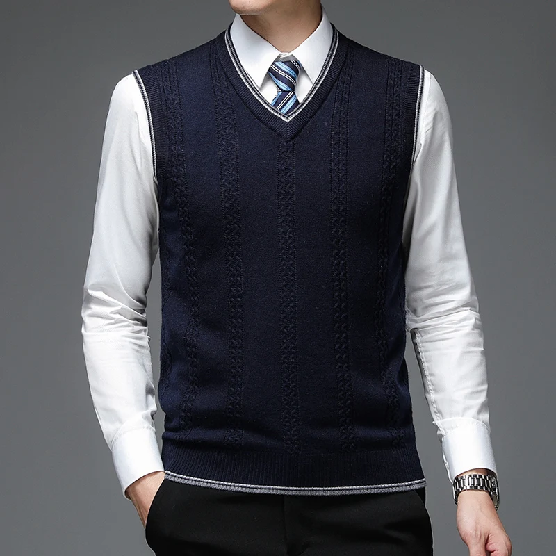 New 2021 Men's Sleeveless Wool Knitwear Casual V-Neck Sweater Vest Male Knit Vest Pullover Sweaters view 4