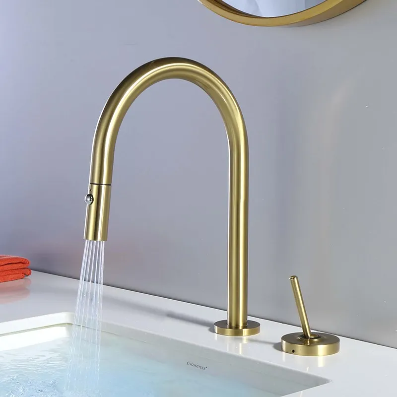 Brush Gold Bathroom Basin Faucet  Lavatory Mixer Tap Brass Double Hole Pull Out Sink tap Brass sink faucet Brass