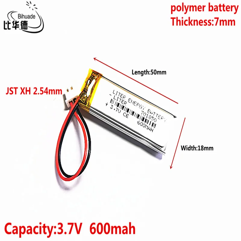 

JST XH 2.54mm 3.7V 600MAH 701850 Lithium Polymer LiPo Rechargeable Battery For Mp3 headphone PAD DVD bluetooth camera