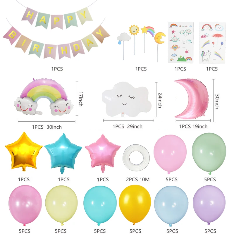 52Pcs/Set Sky Theme Birthday Party Decorations Kids Star Rainbow Clouds Moon Pastel Balloon Garland Arch Kit Birthday Decor