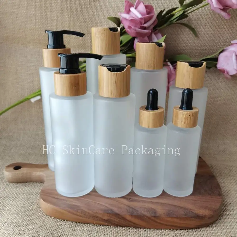 30/50/100/120/150 ML Empty Glass Bottle Black Bamboo Cap Flat Shoulder Frosted Clear Toner Bottle Cosmetic Refillable Bottles