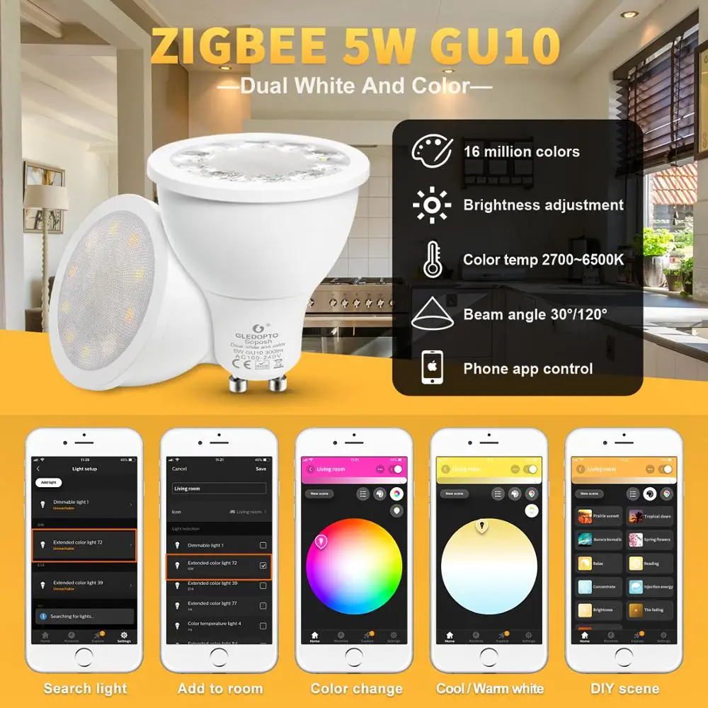 ZIGBEE Smart Home LED GU10 Bulb RGB+CCT Color Change Bulb 5W LED Spotlight AC100-240V Dual White Light Work with Alexa Echo Plus