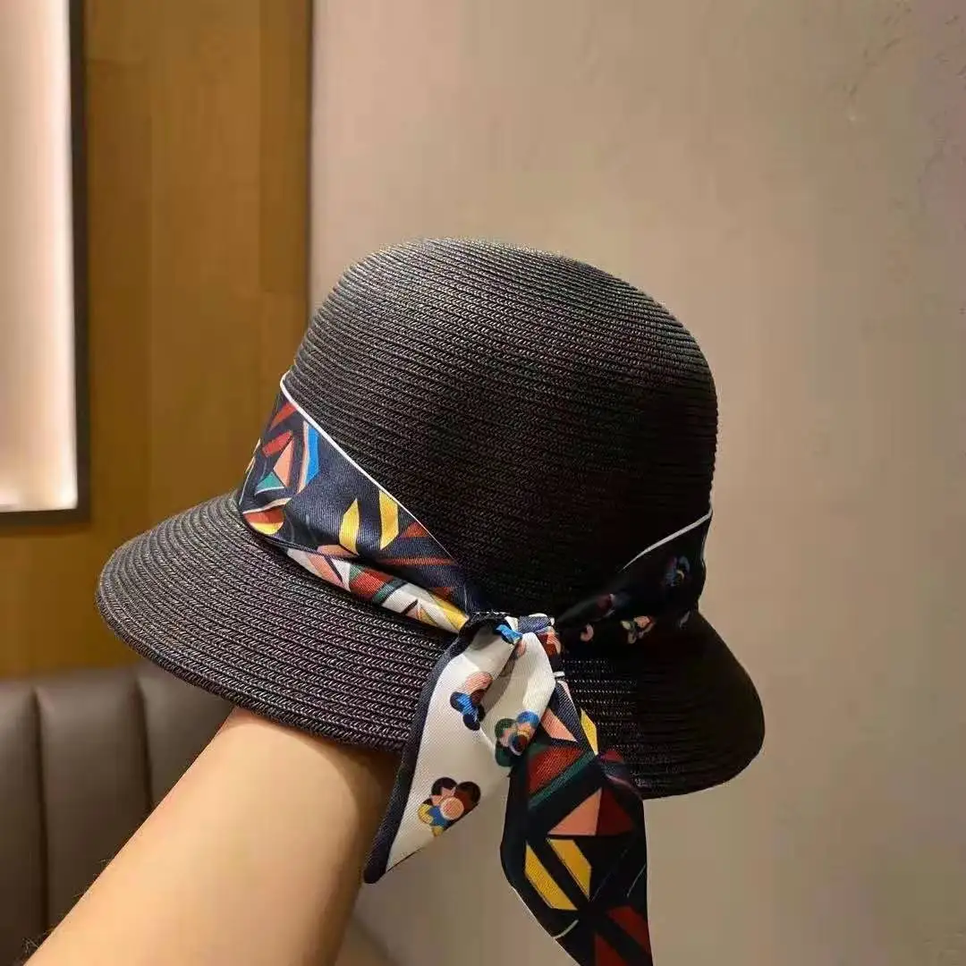 

Bucket Hat Women Straw Designer Handmade Summer UV Protect Ribbon Print Beach Straw Cap Elegant Top Visor Hats 2021 Sun Hats