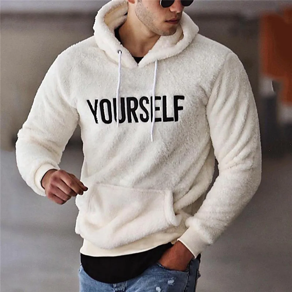 Autumn Winter Men Warm Plush Fleece Hoodie Sweatshirts Casual Long Sleeve Letter Print Hooded Pullover Top With Kangaroo Pocket