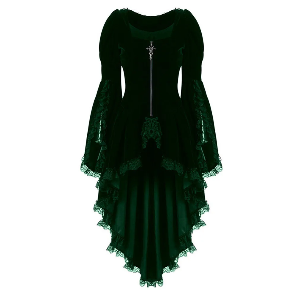 Women Gothic Long Sleeve Lace Stitching Velvet Tuxedo Jacket Medieval Aristocratic Ladies Vampire Dress Lolita Cosplay Costume - Image 3