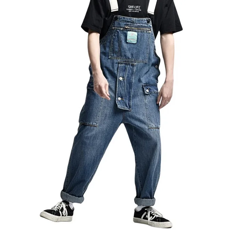 Multi-Pocket Bib Jeans Men's Washed Denim Overalls School Worker Suspenders Workers' Jumpsuit Denim Pants Asia Size