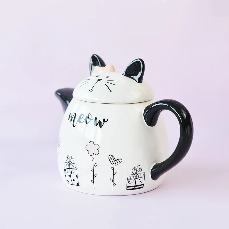 France romantic cute cat cartoon European and American black and white ceramic teapot gift home tea set decoration.