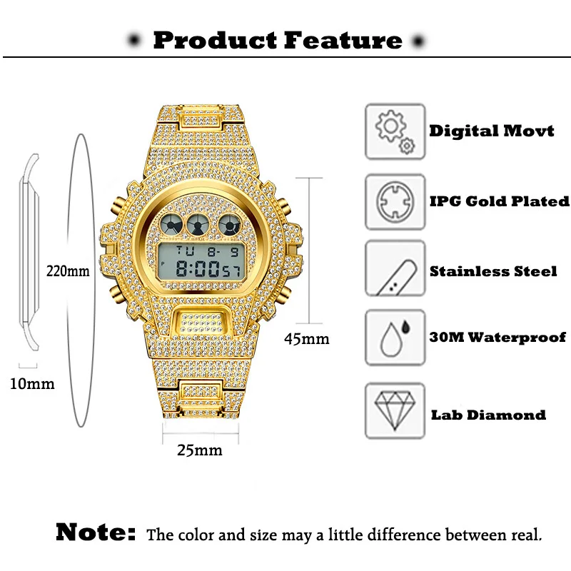 Hip Hop Mens Watches Luxury Date Quartz Wrist Waterproof Watches CZ Stone Paved Stainless Steel Watch for Men Charm Jewelry