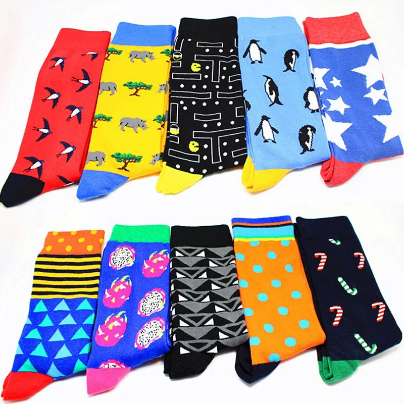 Men Crew Socks Cactus Pattern Hip Hop Happy Art  Cartoon Animal Bird Men Socks Funny Man Casual Harajuku Novelty Calcetines