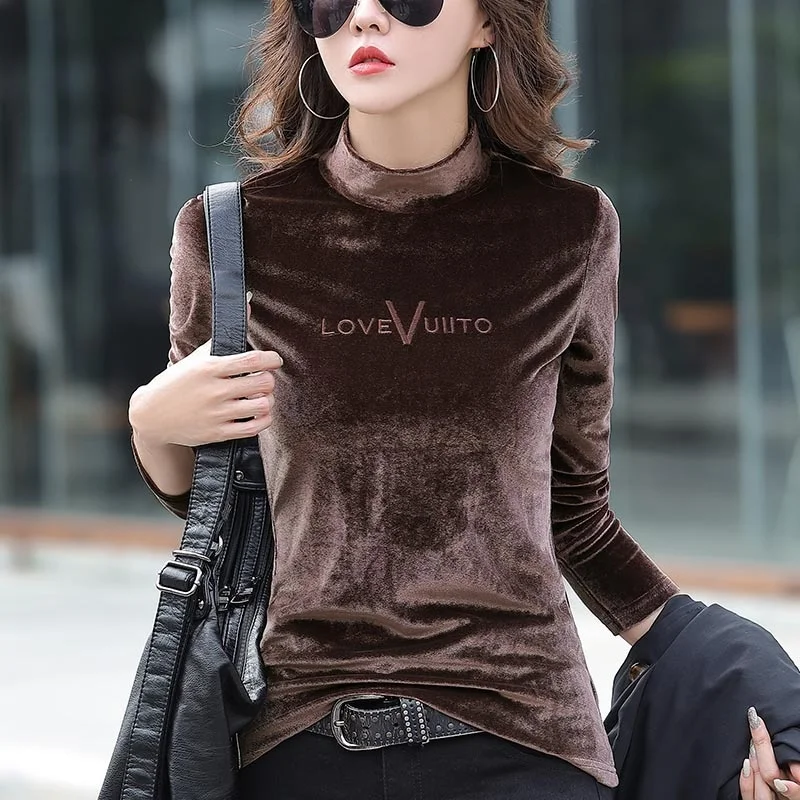 #0320 Winter Long Sleeve T Shirt Women Pleuche Half High Collar Women\'s T-shirt Embroidery Letters Warm Casual Tee Shirt Femme