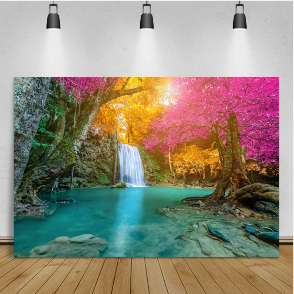 Summer Natural Scenery Backdrop Waterfall Flowers Trees Lake  Landscape Decor Photography Background Portrait Photophone Props