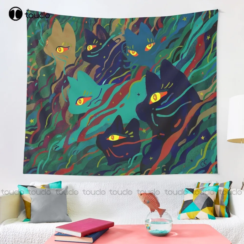 Caterwauling Feline Animal Green Abstract Kitty Jungle Pets Tapestry Tapestry Cool Blanket Tapestry Bedroom Bedspread Decoration