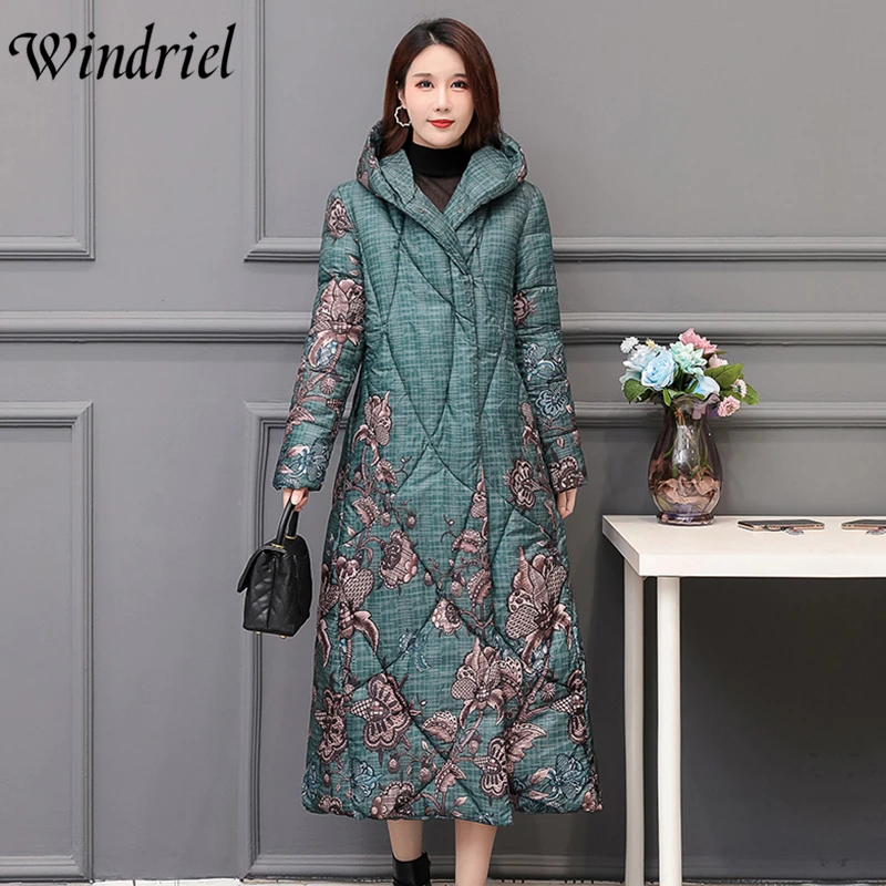 Windriel Oversized Loose Parkas Lady Print High Street Long Coats Women Cotton Padded Clothing Outerwear Hooded Jackets