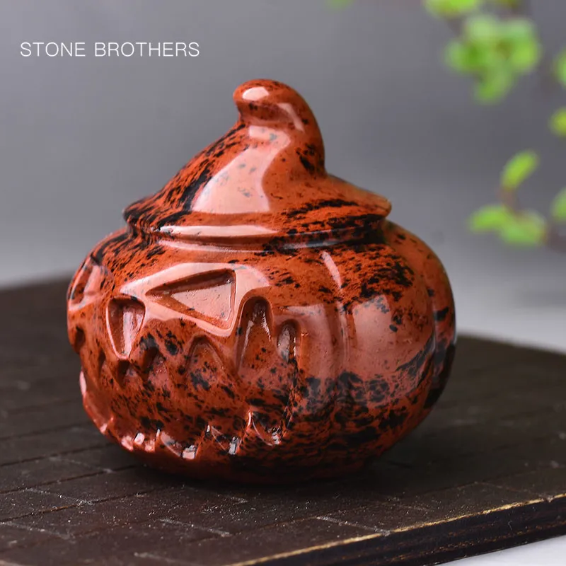 1PC Natural Red Obsidian Carved Witch Pumpkin Figurine Healing Crystal Home Decor Fengshui Luck Halloween Gift