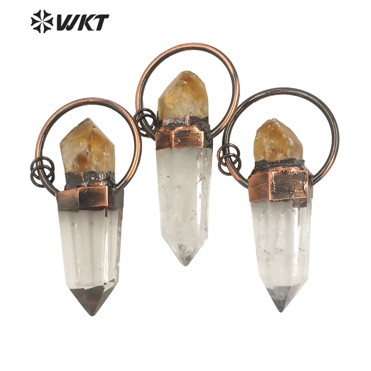 

WT-P1681 Wholesale Antique copper plated Crystal quartz point Energy stone pendant yellow quartz hexaga jewelry pendant